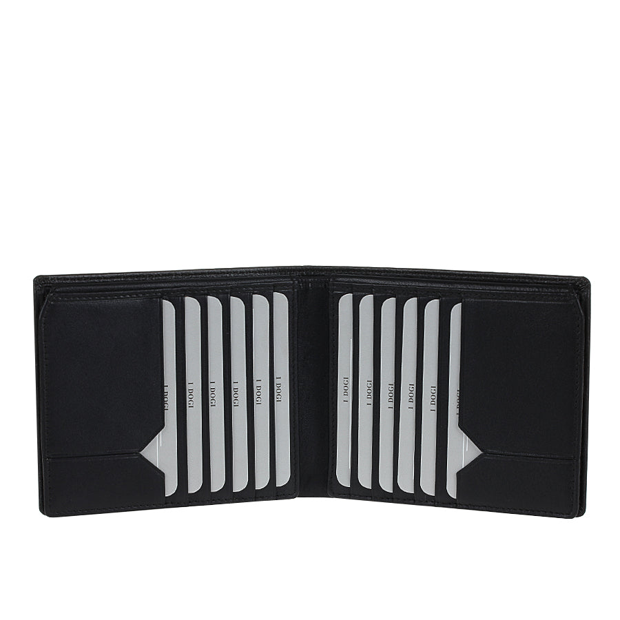 Tony Perotti Cortina 5068 nero opened — rows of vertical card slots filling both inner panels