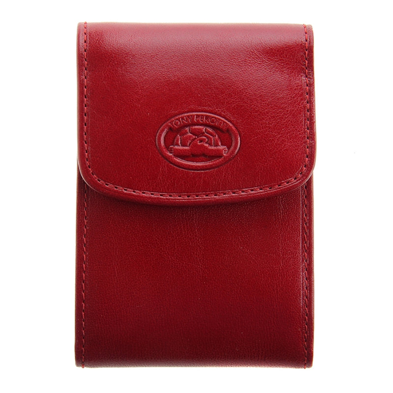Tony Perotti Italico 1703 rosso — the red bull leather business card holder closed, with the oval embossed turtle emblem on the flap