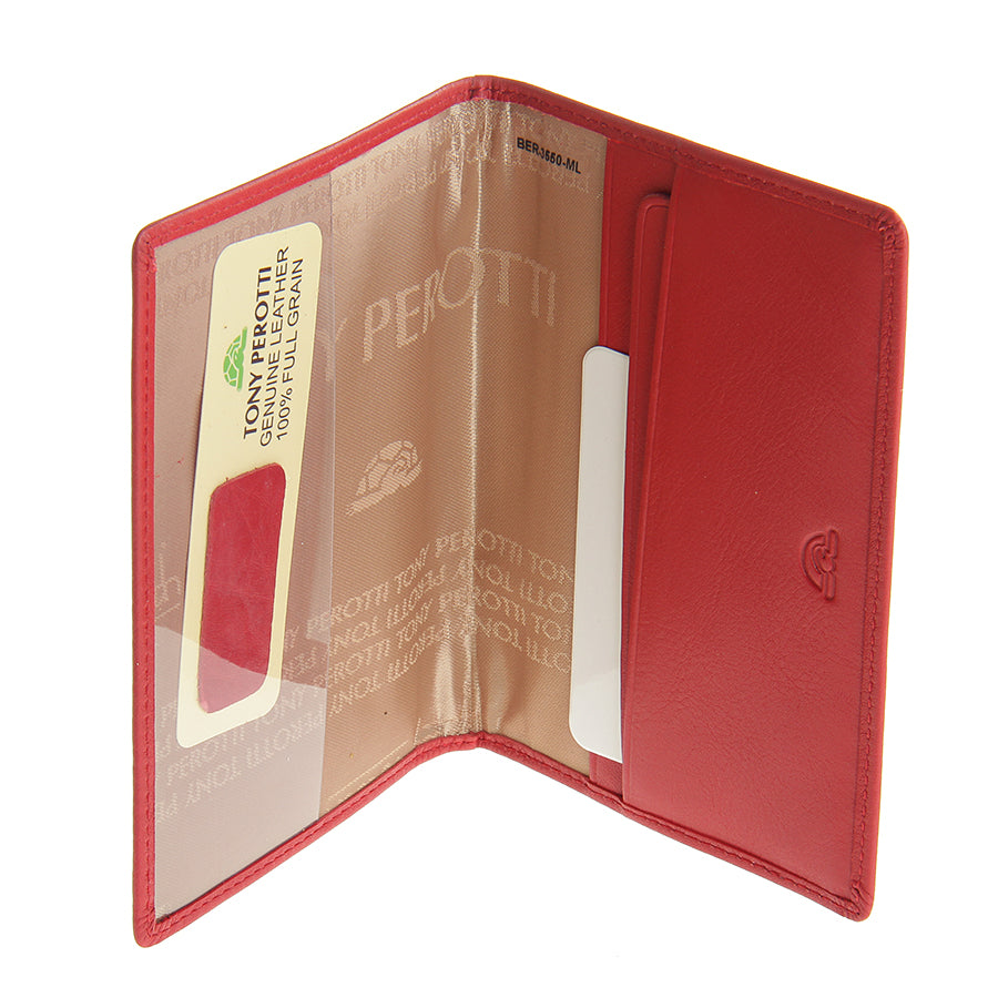 Tony Perotti New Contatto 3550 rosso passport cover opened at an angle, showing the card compartments and the Tony Perotti woven lining