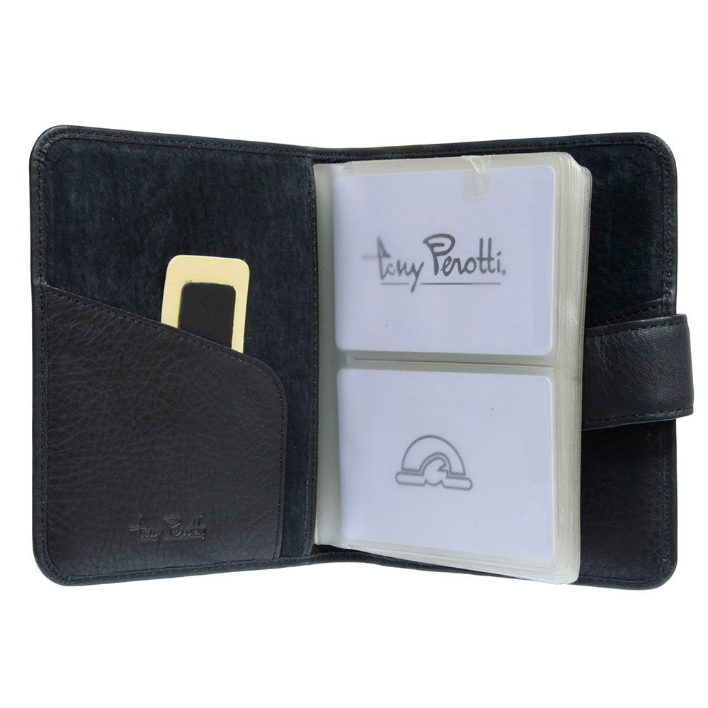 Tony Perotti Contatto 2612 nero — opened, showing the removable clear insert and the two pockets on the inner cover