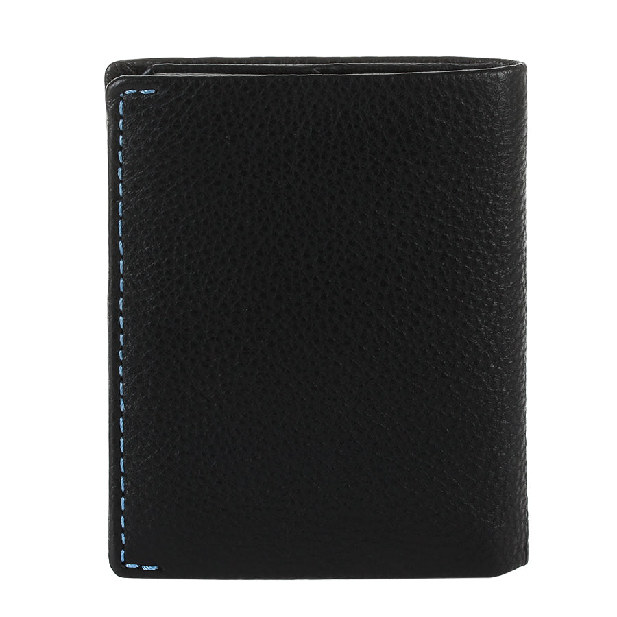 Tony Perotti Timone 11071 black compact leather bifold wallet, back with blue contrast stitching