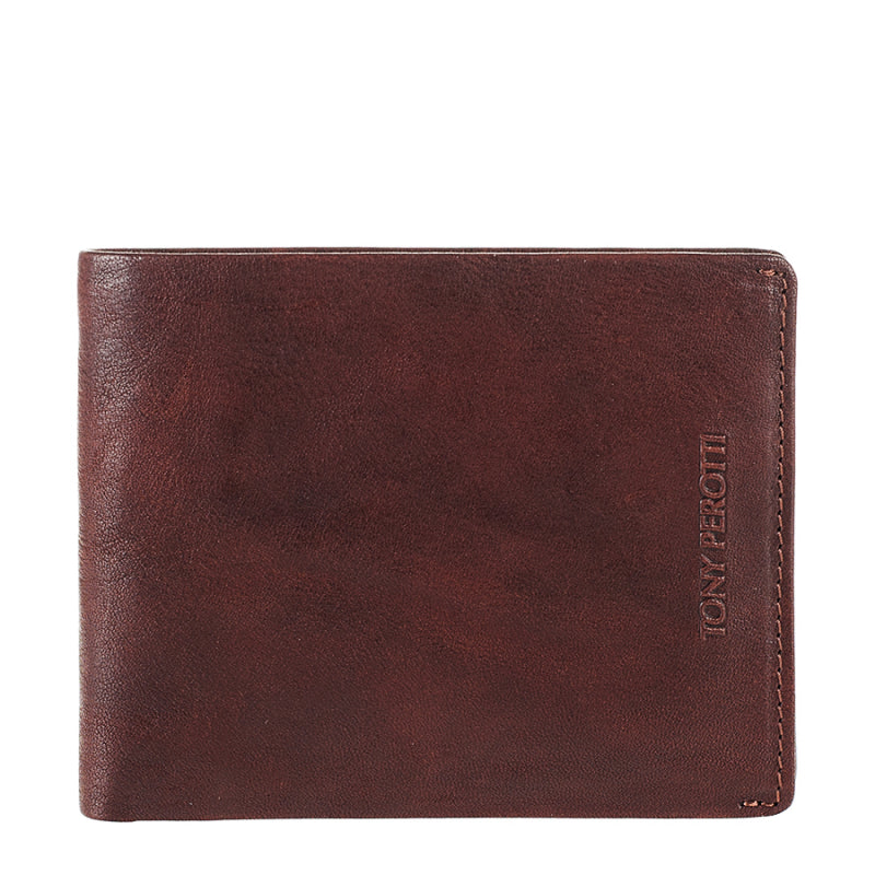Tony Perotti Varsavia 537 caffe brown leather bifold wallet, front with vertical debossed Tony Perotti lettering