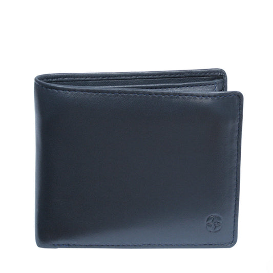 Navy Tony Perotti Cortina 5057 leather bifold wallet seen straight on, closed, with the embossed compass rose in the lower corner