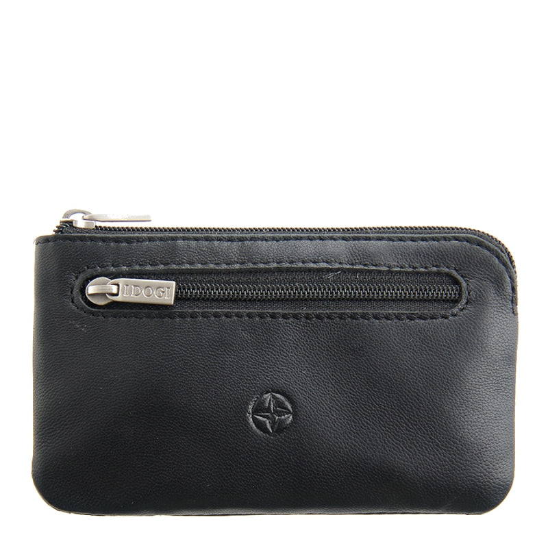 Tony Perotti black calf leather zip key pouch with embossed Cortina compass emblem — Cortina 5002 nero