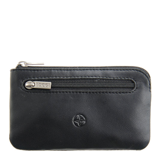 Tony Perotti black calf leather zip key pouch with embossed Cortina compass emblem — Cortina 5002 nero