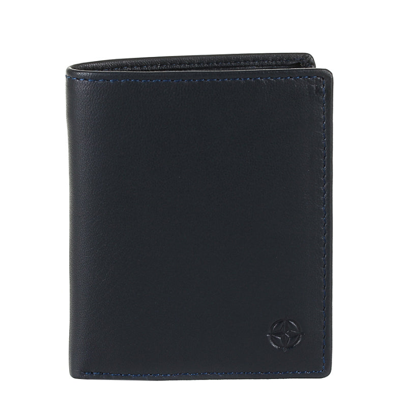 Front of the navy Tony Perotti Cortina 5088 navy card wallet seen straight on — the embossed compass rose in the lower corner