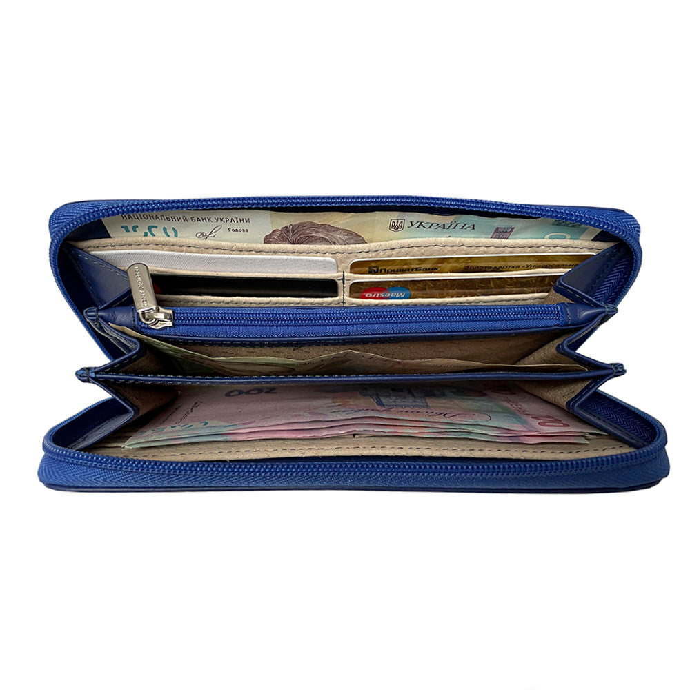 Blue Swarovski wallet open showing card slots and central zip coin pocket