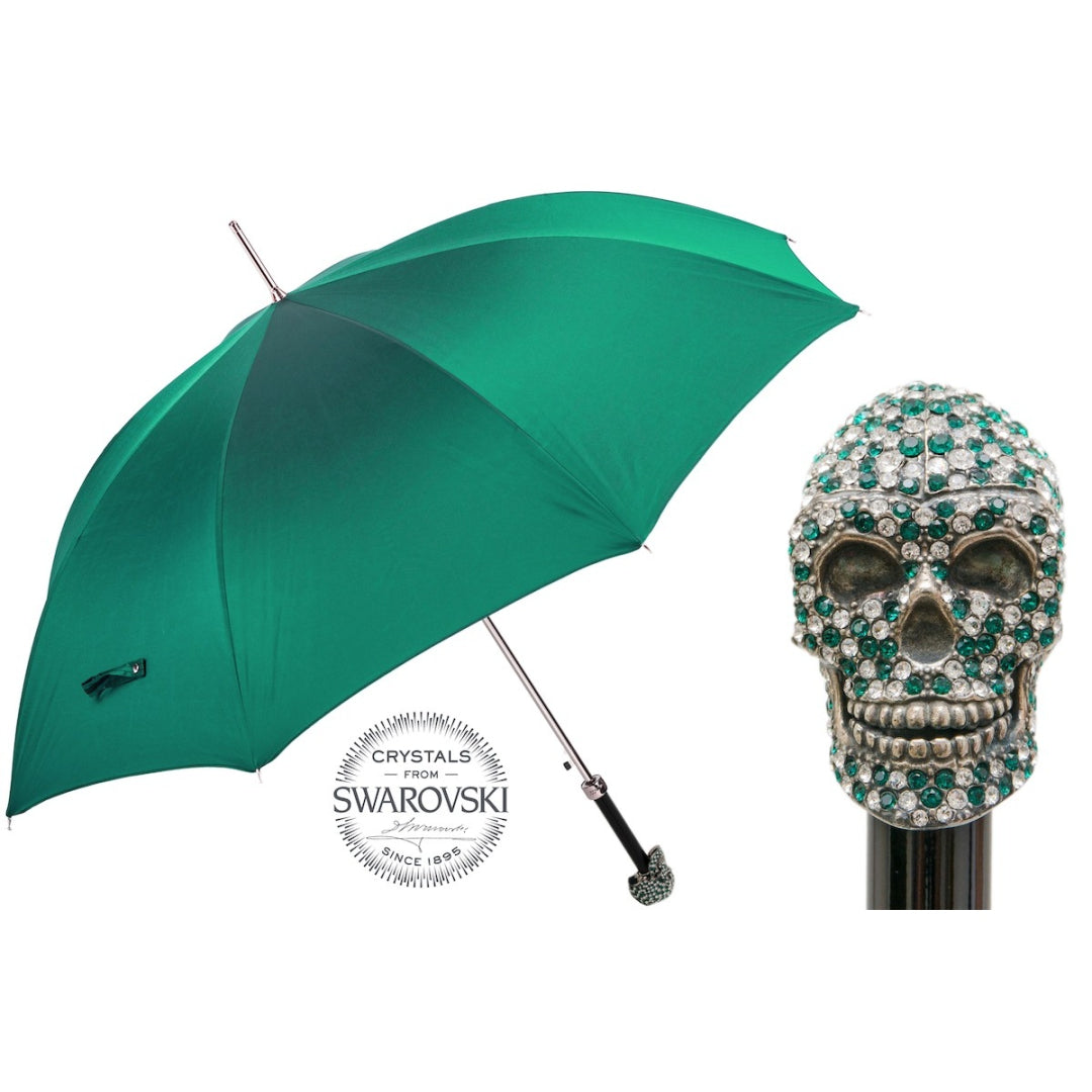Pasotti women's green umbrella with Swarovski crystal skull handle, open, with a close-up of the handle — 478 Oxf-6 W333BV