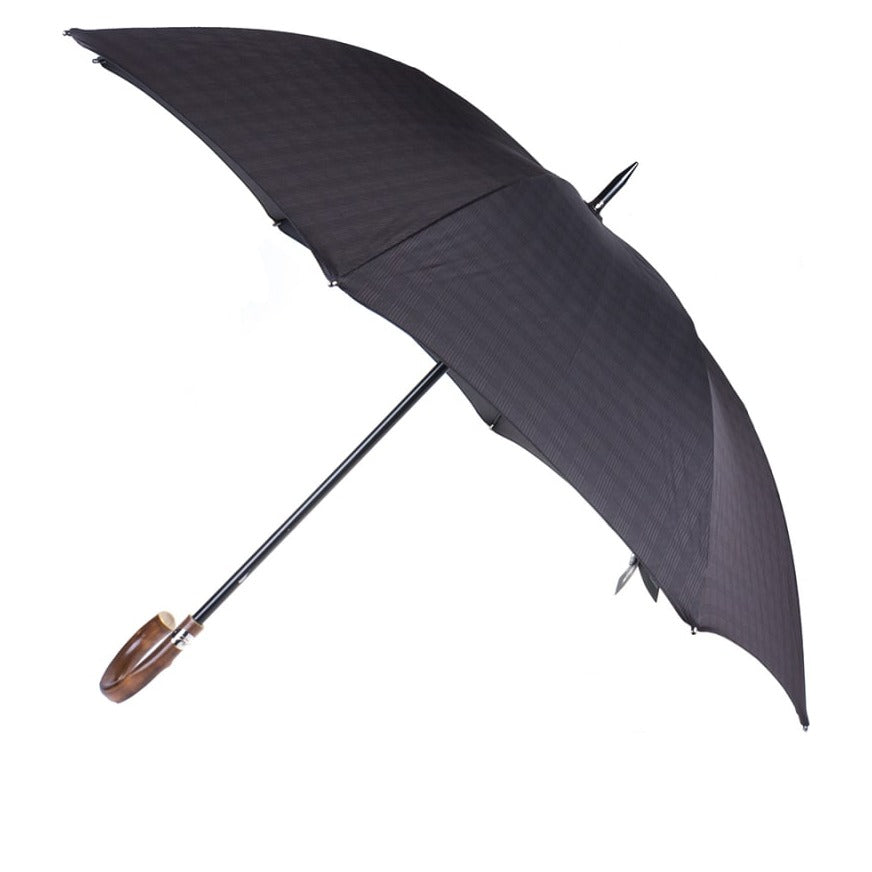 Pasotti men's black check umbrella with wooden crook handle, open, side view — 145 MINIGALLES-13 HT