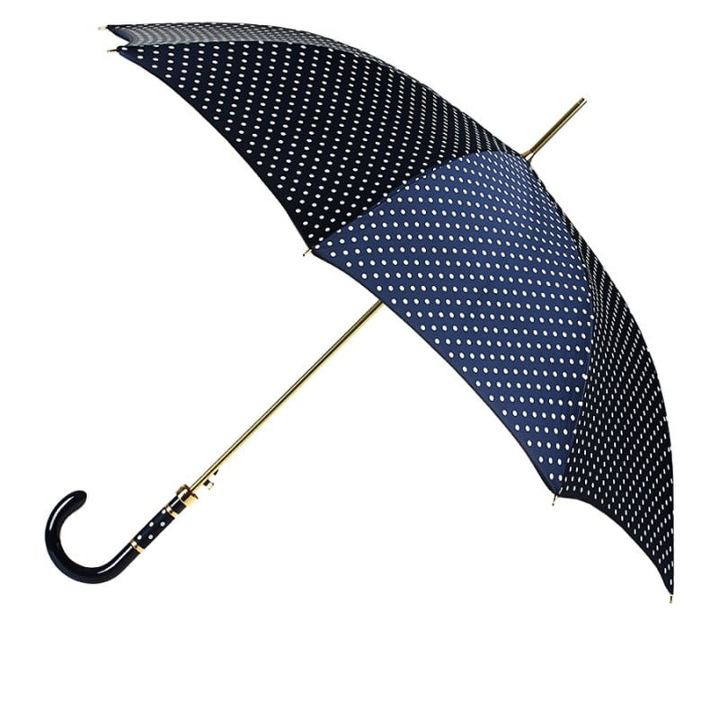 Pasotti women's navy polka dot umbrella with glossy navy crook handle — 16-1408/9