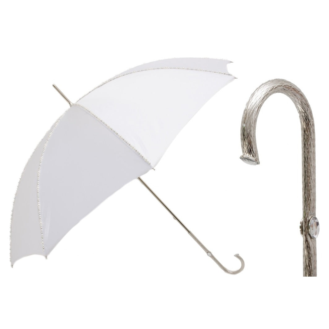 Pasotti women's white wedding umbrella with pearl beads along the seams and jeweled silver-tone handle — 179N Plat-1 P5