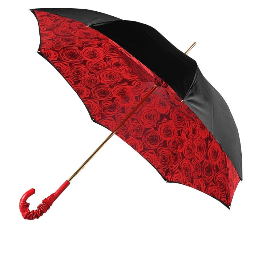 Pasotti women's black double canopy umbrella with red rose print inside, open, side view — 189-50884/1