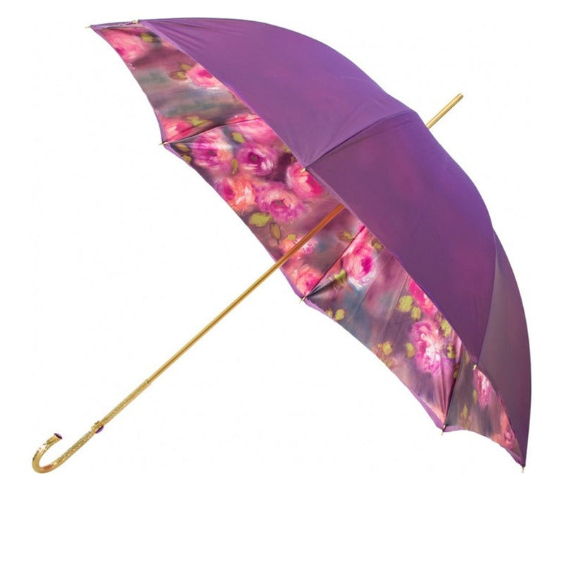 Pasotti women's purple double canopy umbrella with rose print inside and jeweled gold-tone handle — 189-56896/1