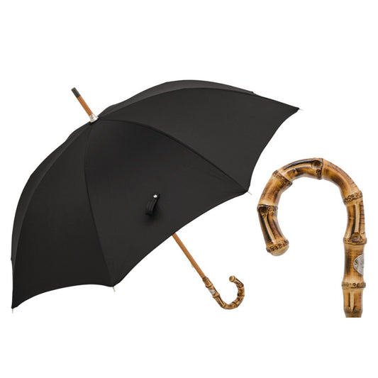 Pasotti men's black umbrella with bamboo handle, open, with a close-up of the handle — 476F Oxf-18 B