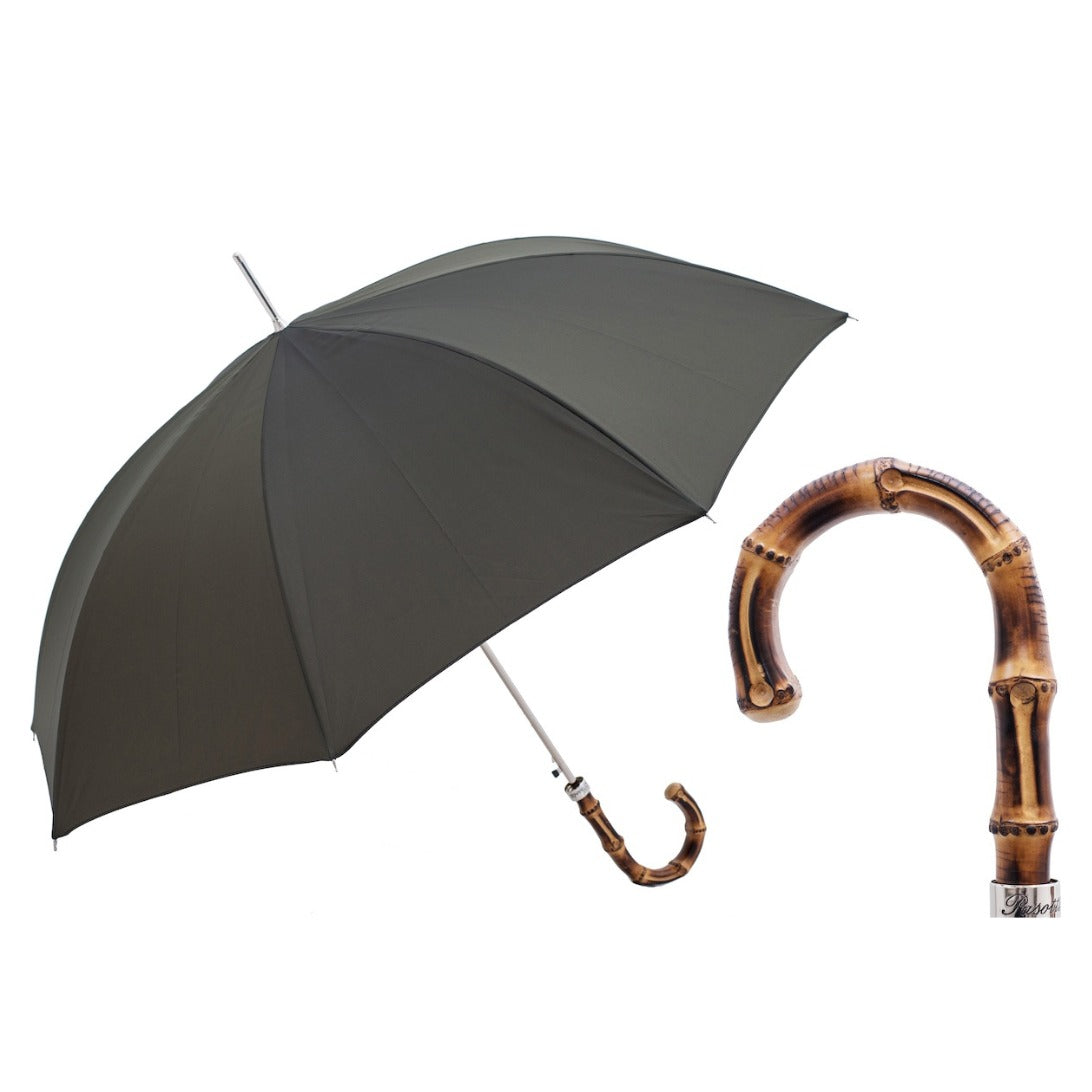 Pasotti men's dark grey and beige umbrella with bamboo handle, open, with a close-up of the handle — 478F Prince-69 B