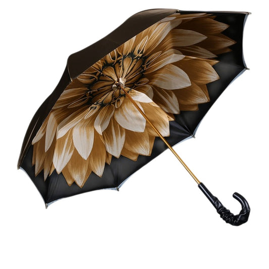 Pasotti women's bronze umbrella with dahlia print inside, open, side view — 9007
