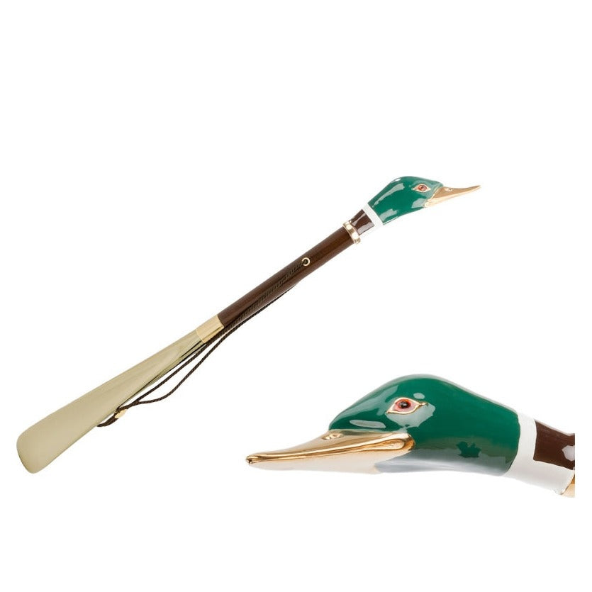 Pasotti mallard head shoehorn, full view with a close-up of the duck head — CS K26