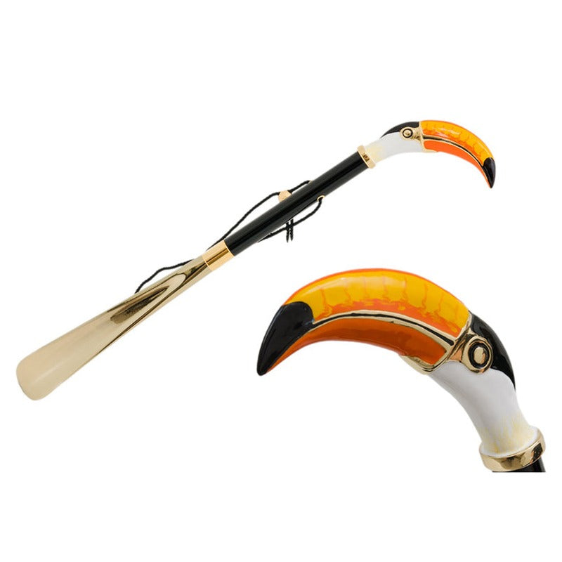 Pasotti Toucan Head Shoehorn with glossy black shaft, full view and handle close-up — CS K3