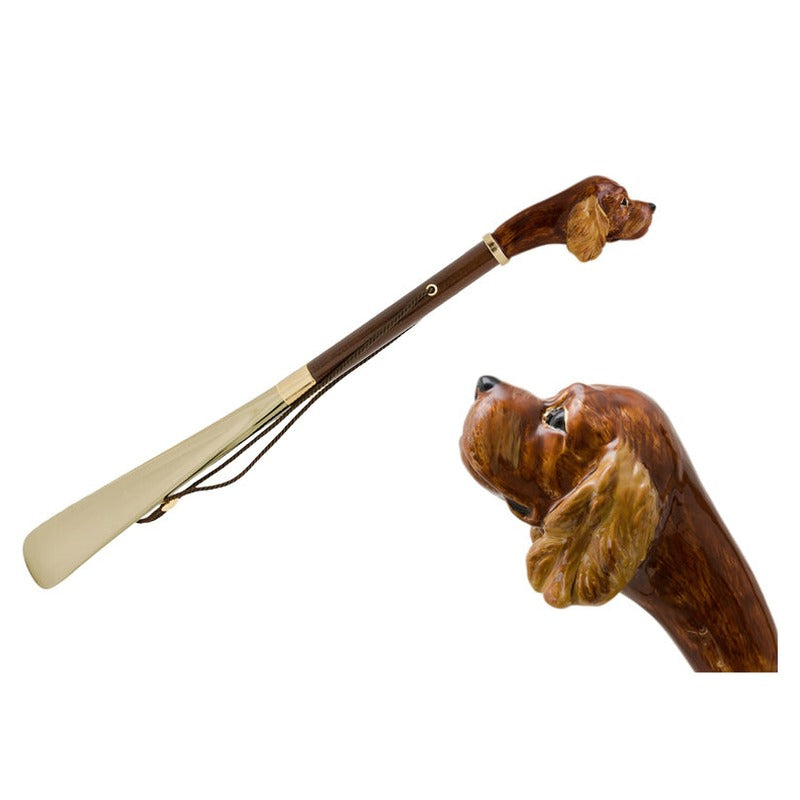 Pasotti Cocker Spaniel Head Shoehorn, full view and enameled handle close-up — CS K46