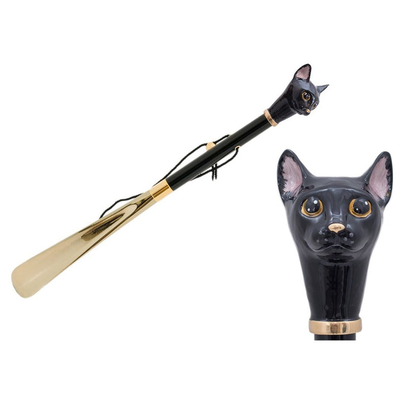Pasotti black cat head shoehorn, full view with a close-up of the enameled cat head — CS K49