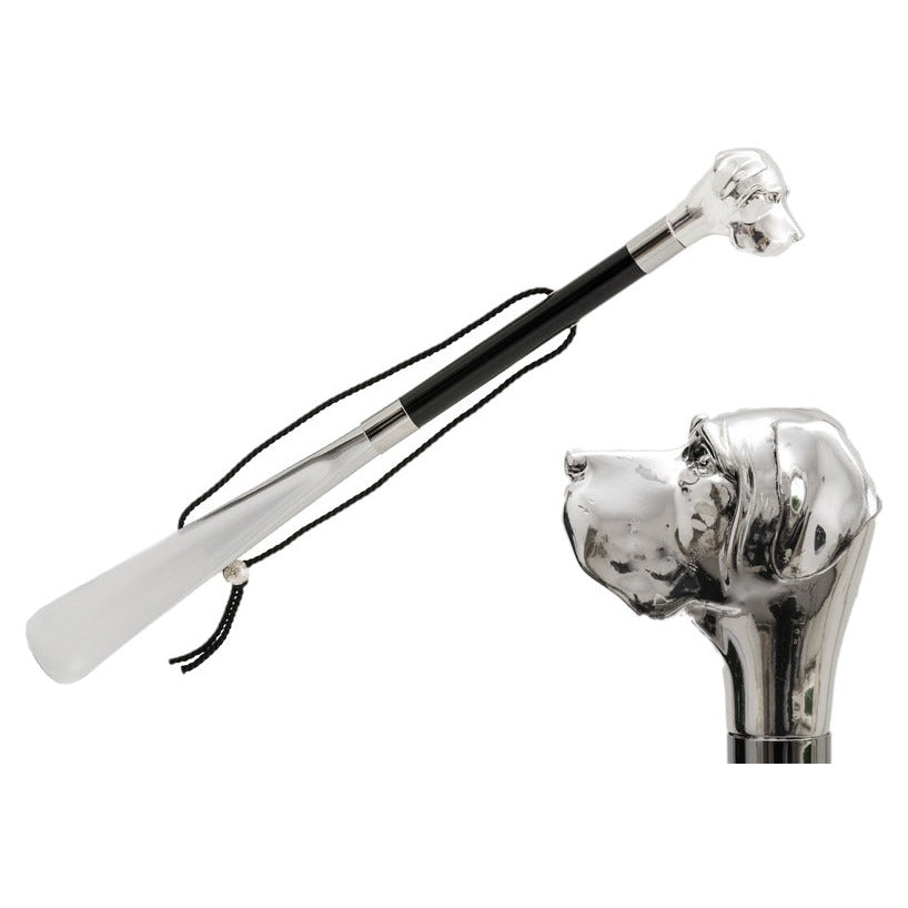 Pasotti Silver-Tone Labrador Head Shoehorn with glossy black shaft, full view and handle close-up — CS W27