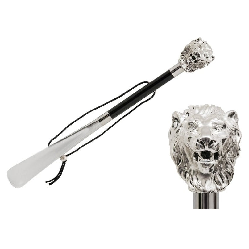 Pasotti Silver-Tone Lion Head Shoehorn with glossy black shaft, full view and handle close-up — CS W37
