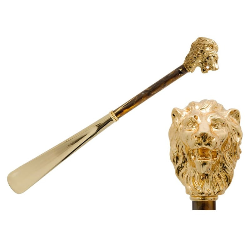 Pasotti Gold-Tone Lion Head Shoehorn with pearly brown shaft, full view and handle close-up — CS W37PO