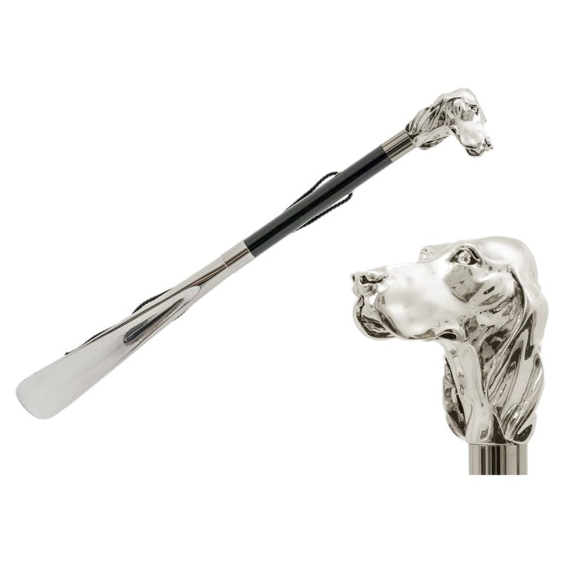 Pasotti silver-tone dog head shoehorn, full view with a close-up of the dog head — CS W40