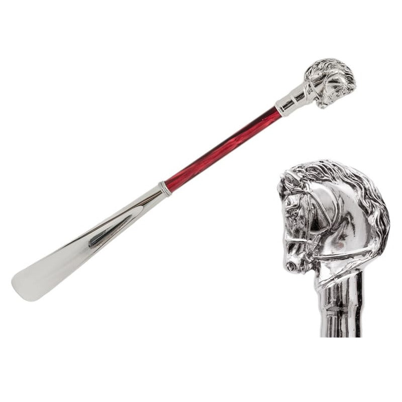Pasotti Silver-Tone Horse Head Shoehorn with red pearlescent shaft, full view with handle close-up — CS W41PR