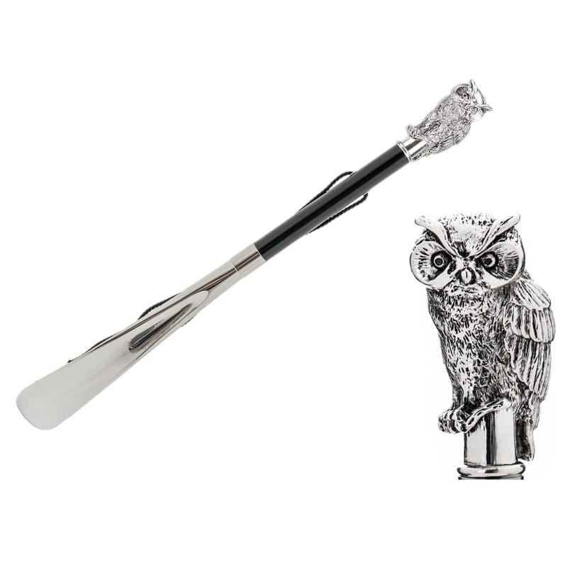 Pasotti Silver-Tone Owl Shoehorn with glossy black shaft, full view and handle close-up — CS W44