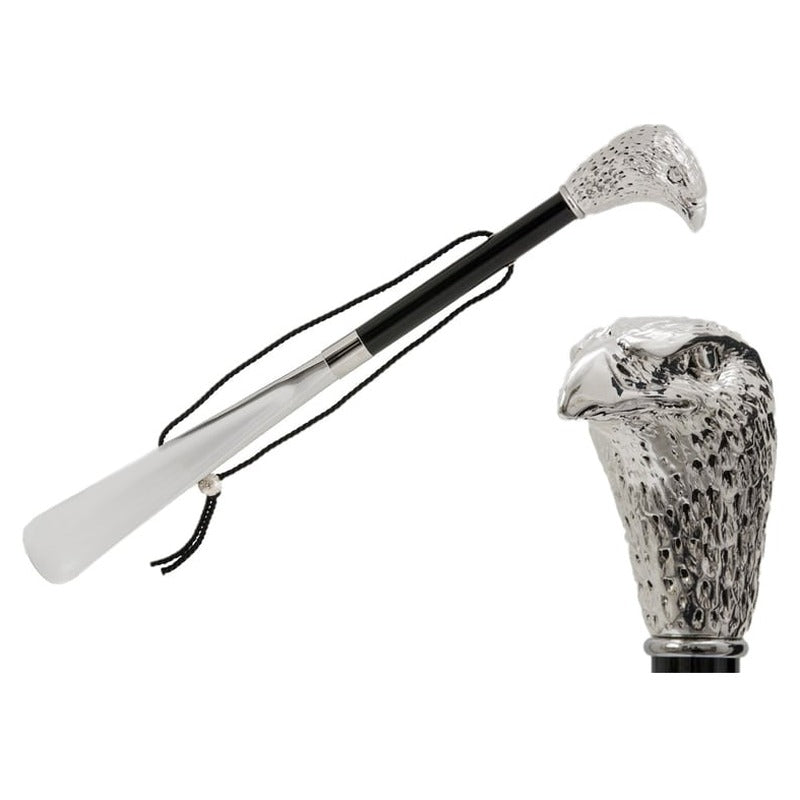 Pasotti Silver-Tone Eagle Head Shoehorn with glossy black shaft, full view and handle close-up — CS W85