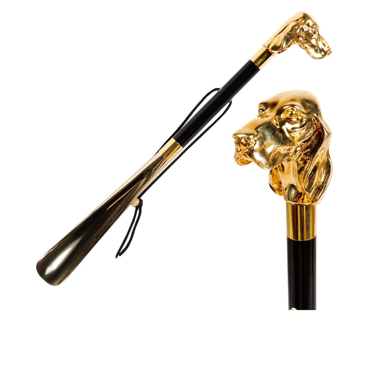 Pasotti gold-tone dog head shoehorn, full view with a close-up of the dog head — Fido Gold