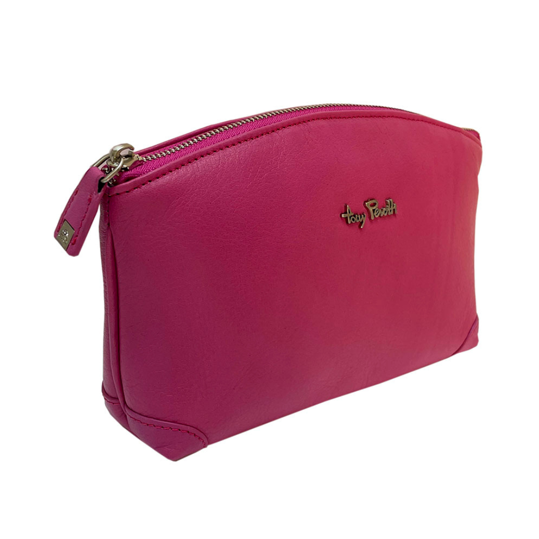 Tony Perotti Contatto 1779 dalia women's pink leather cosmetic bag — angled front view