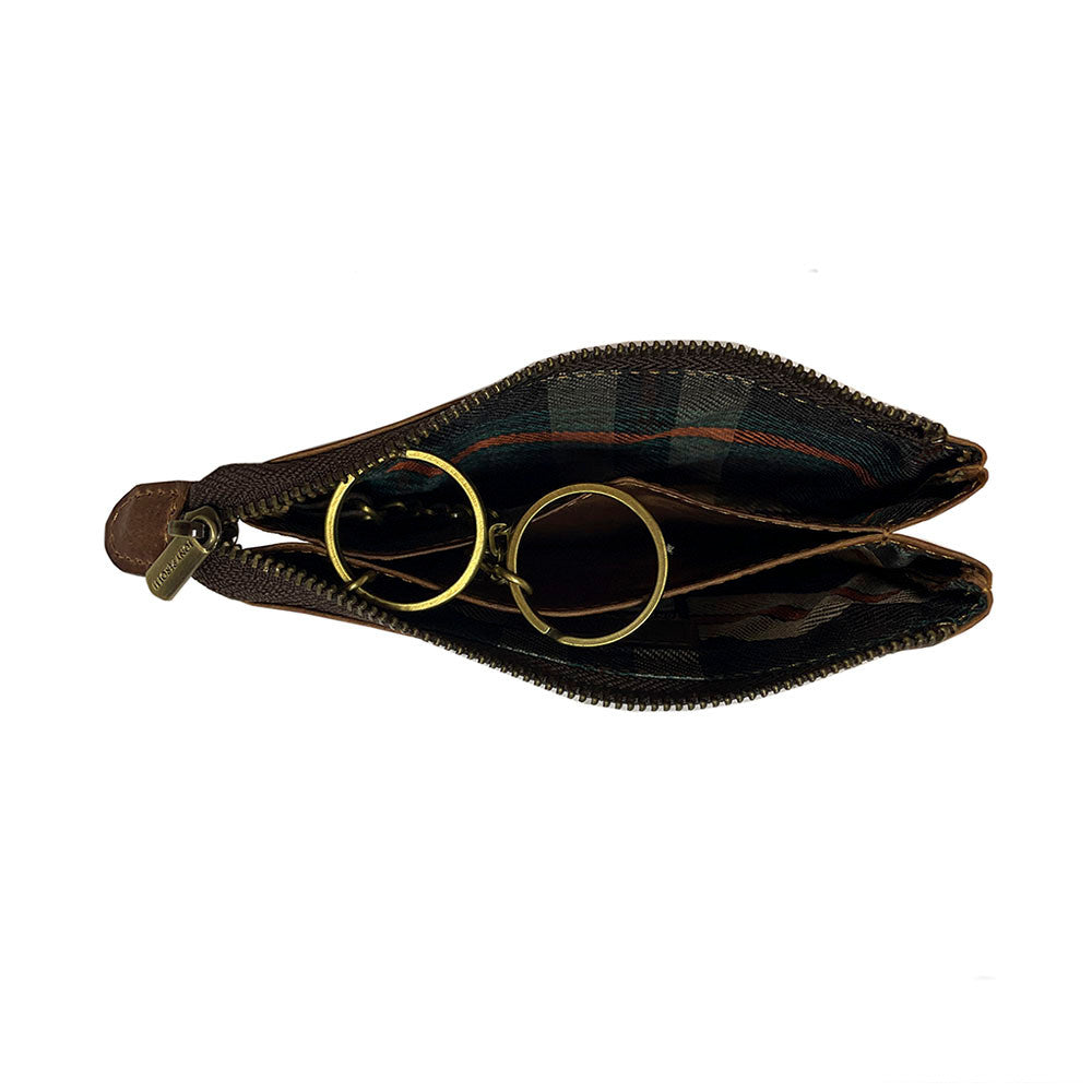 Tan Arno 3350 key case open — two zip compartments with tartan-check lining and the two brass key rings on chains