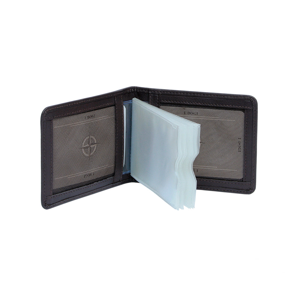 Tony Perotti Cortina 5044 moro — opened, showing the fan of clear files and a full-height pocket on each inner panel