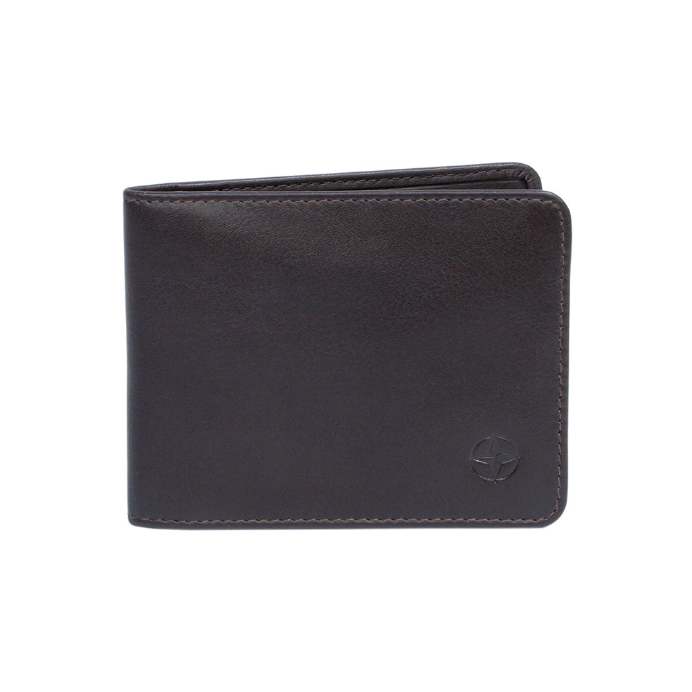 Tony Perotti Cortina 5044 moro — the brown leather business card holder closed, with the embossed compass rose on the front