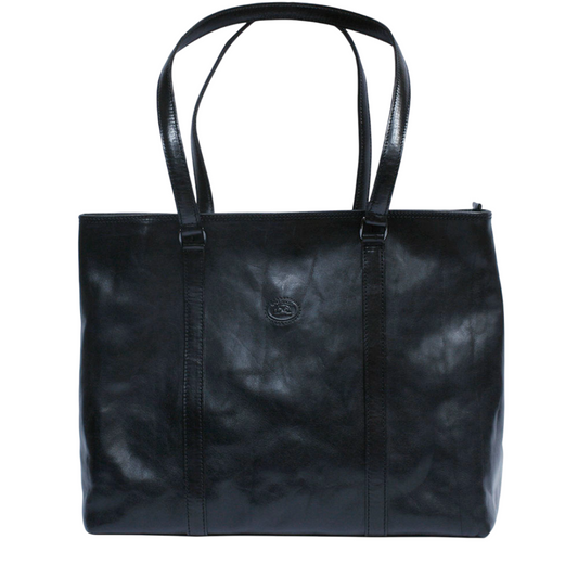 Tony Perotti Italico 8225 nero women's black leather tote bag — front view with the embossed oval Tony Perotti badge and long handles