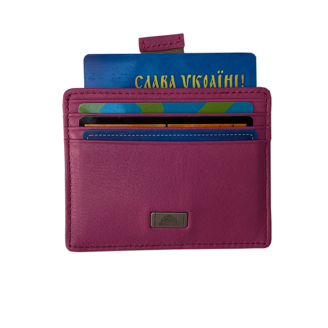 Pink leather card holder Tony Perotti Contatto 2236N dalia filled with cards and the central compartment lifted by its woven pull strap