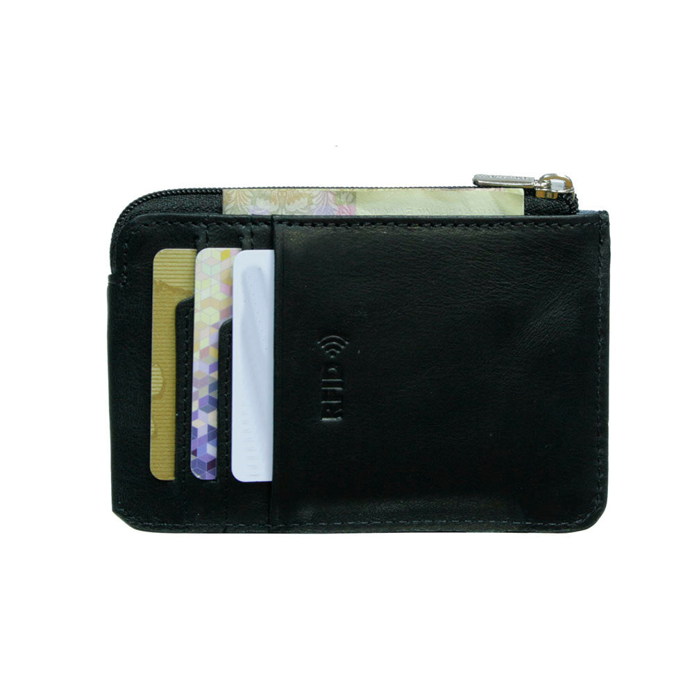 Back of the Tony Perotti Nevada 3825+RFID nero black zip card holder with three card slots and embossed RFID mark