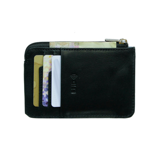 Back of the Tony Perotti Nevada 3825+RFID nero black zip card holder with three card slots and embossed RFID mark