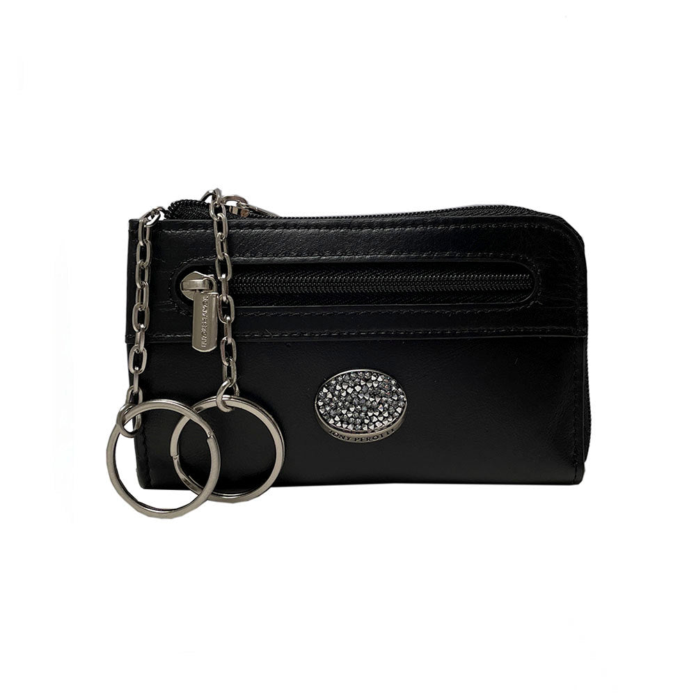 Tony Perotti Swarovski 1941L nero — black leather key case with the two split rings pulled out on their chains and the crystal plaque on the front