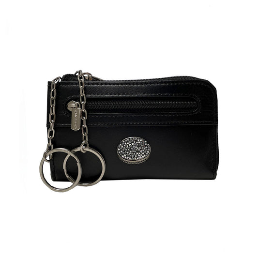 Tony Perotti Swarovski 1941L nero — black leather key case with the two split rings pulled out on their chains and the crystal plaque on the front