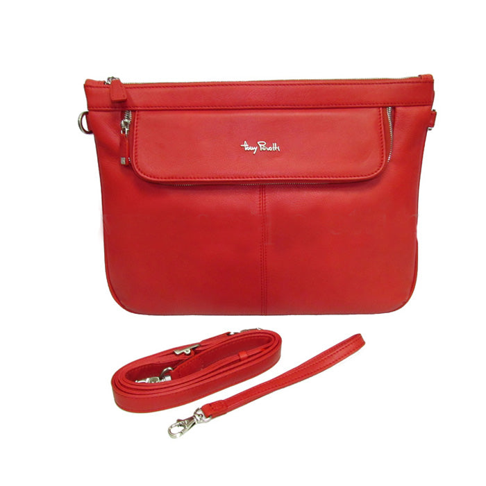 Red leather portfolio Tony Perotti Contatto 9708 rosso with the detachable shoulder strap and wrist strap laid out below