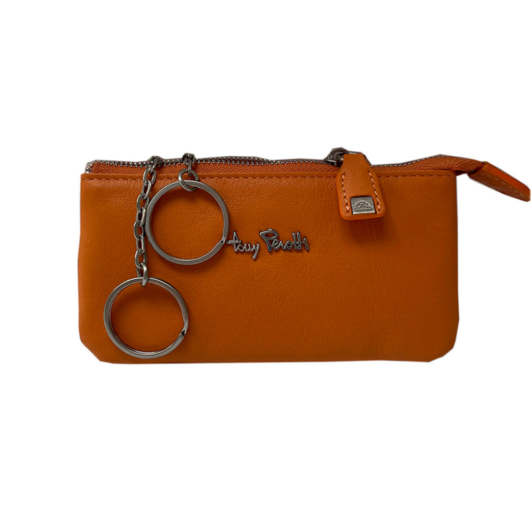 Tony Perotti Contatto 3350 arancio — orange leather key pouch with the two rings on chains pulled out and the silver Tony Perotti script on the front