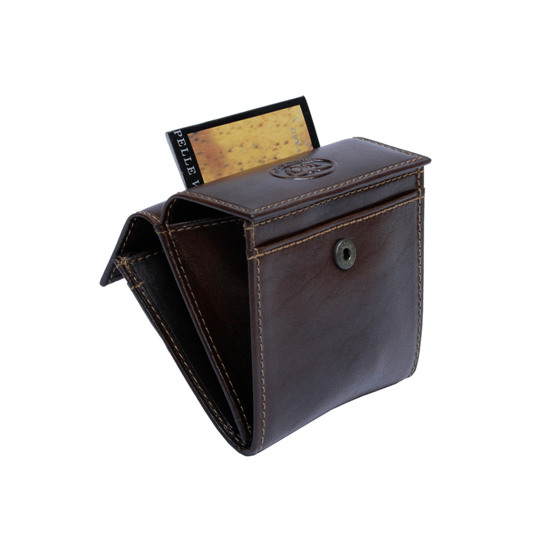 Dark brown leather coin pouch, second compartment open with brand card — Tony Perotti Italico 1642 moro