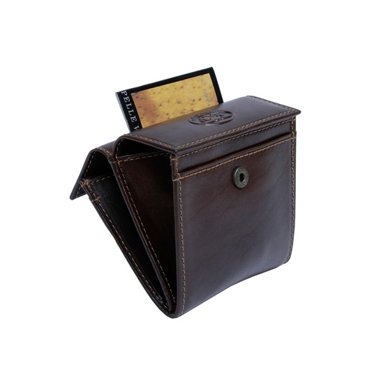 Dark brown leather coin pouch, second compartment open with brand card — Tony Perotti Italico 1642 moro