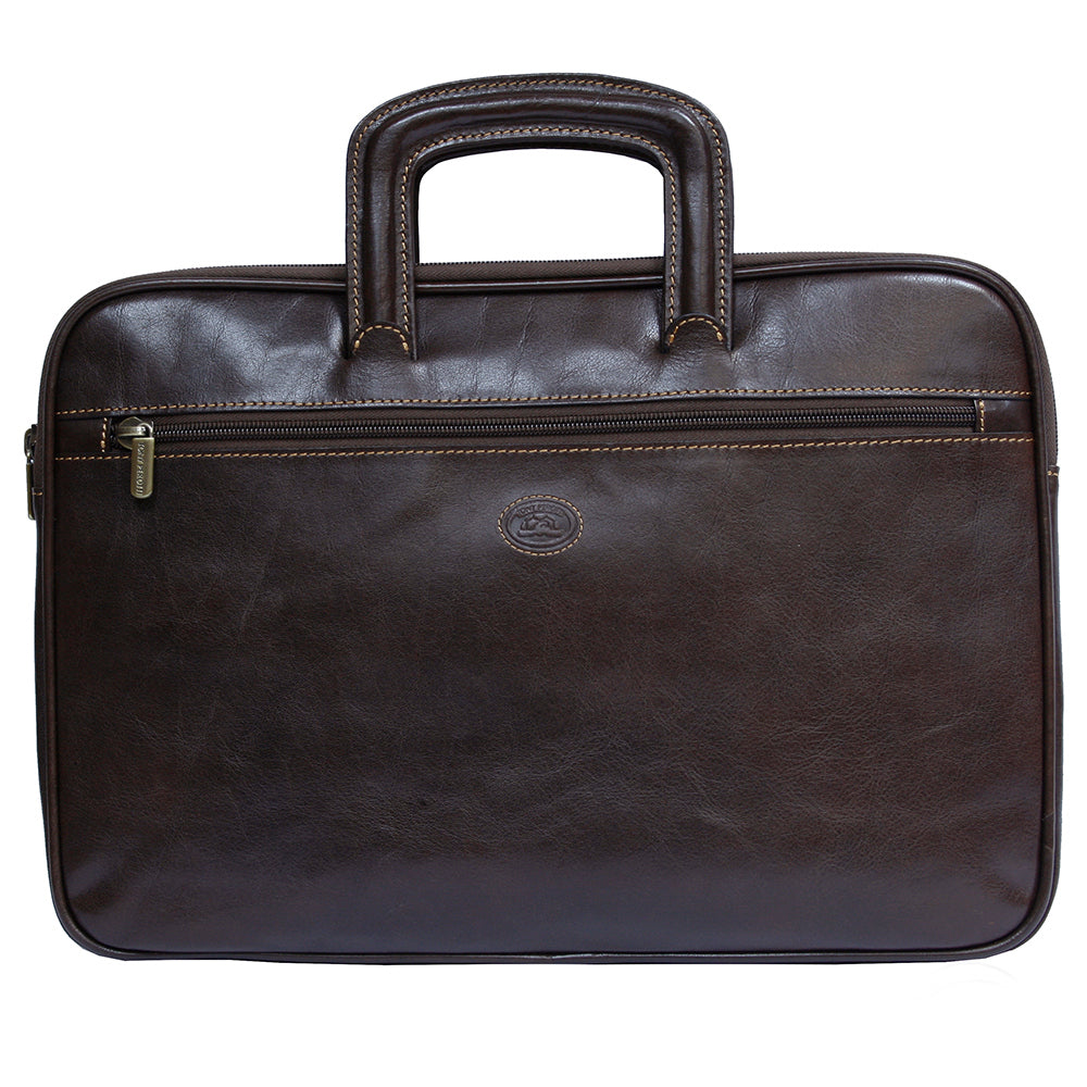 Tony Perotti Italico 8090 dark brown leather zip portfolio — front view with retractable handles up, full-width zip pocket and embossed turtle emblem