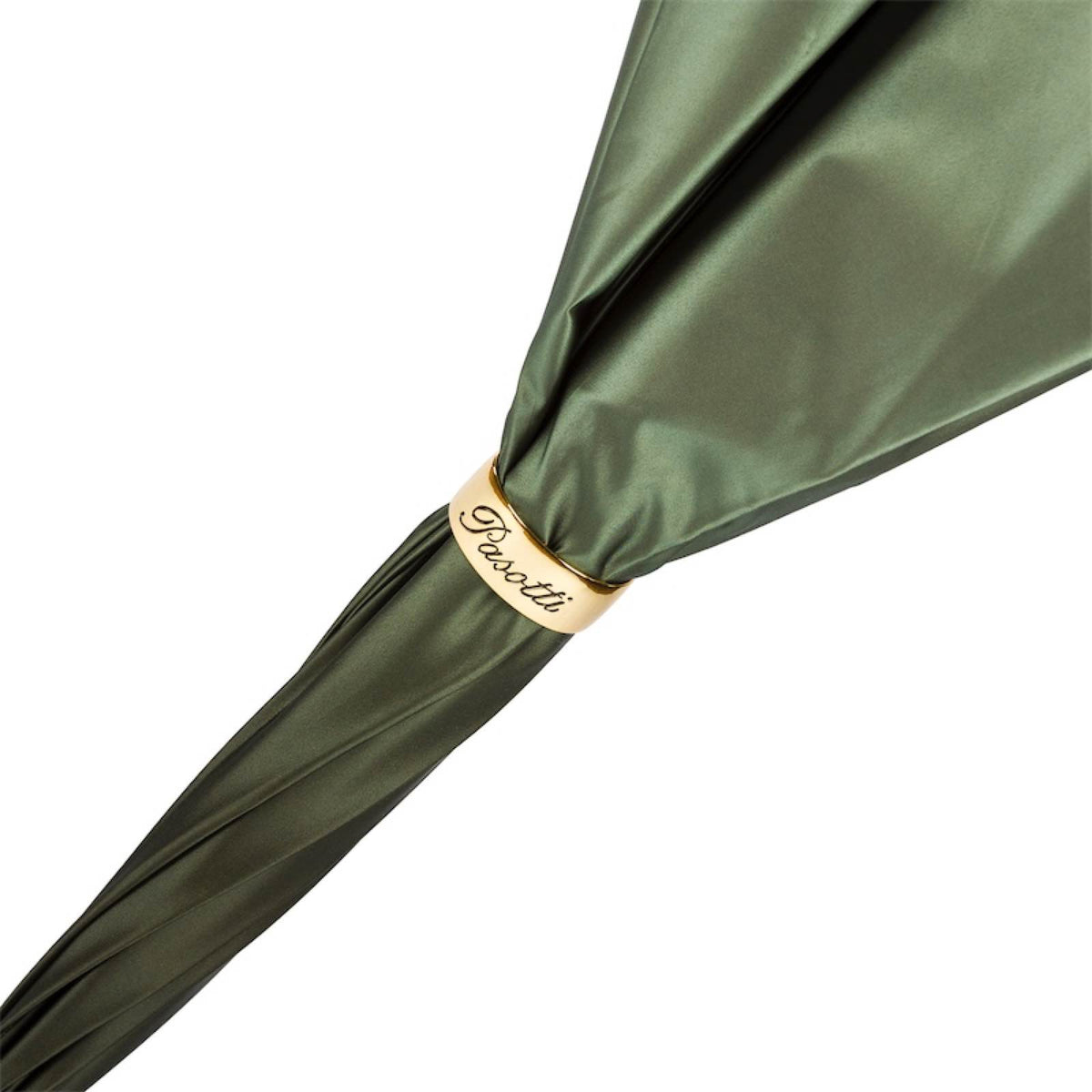 Gold-tone ring engraved Pasotti on the furled olive green canopy