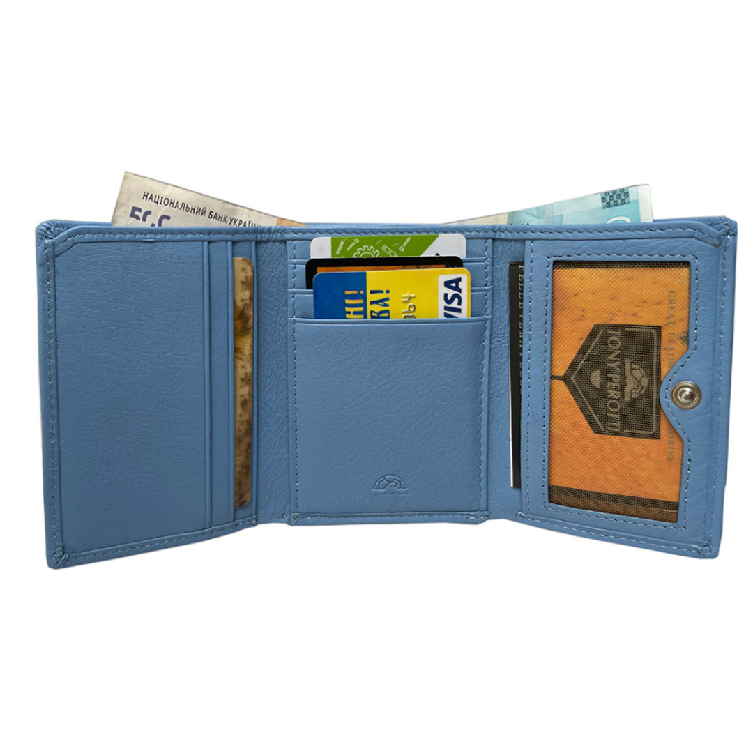 Open light blue Tony Perotti trifold wallet with card slots, ID window and banknotes