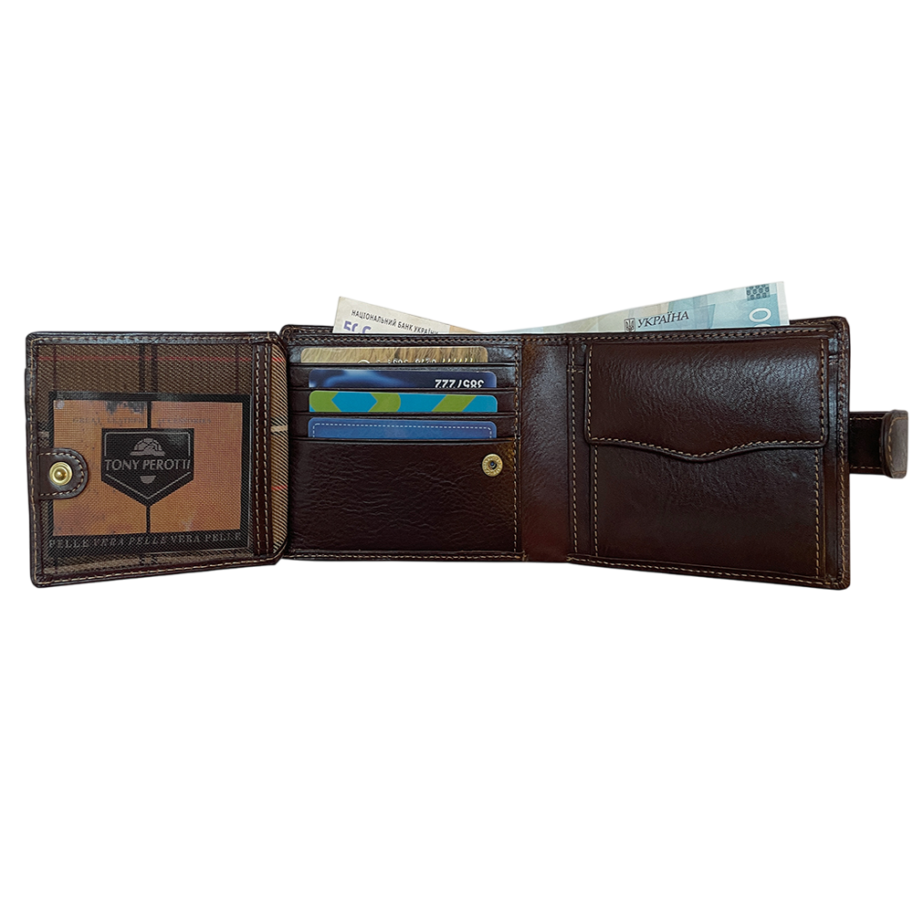 Tony Perotti Italico 3341A-Q moro wallet, flip opened — mesh ID window, 4 cards and banknotes
